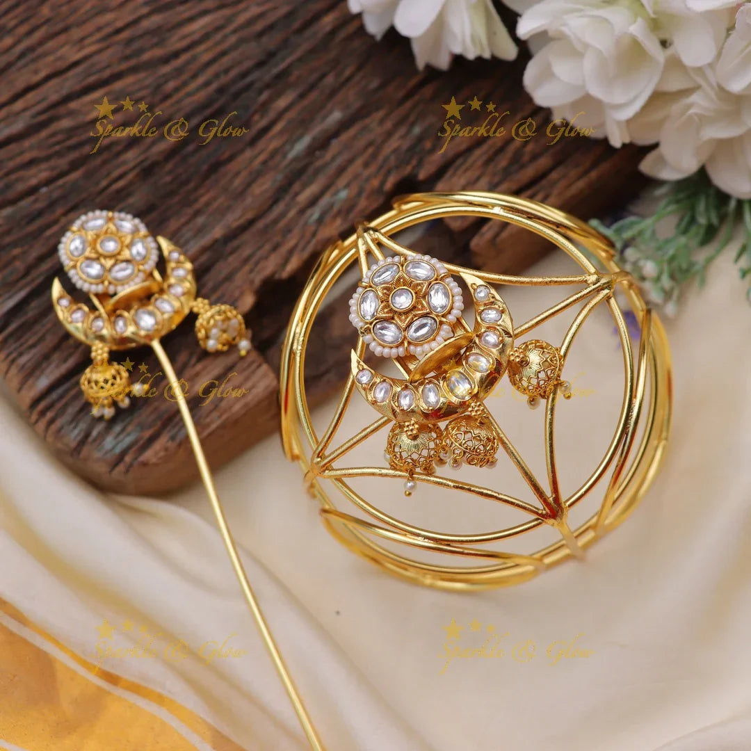 Traditional Jadau Gold alike Bun Cage with Kundan and Green Stone Work - Sparkle and Glow