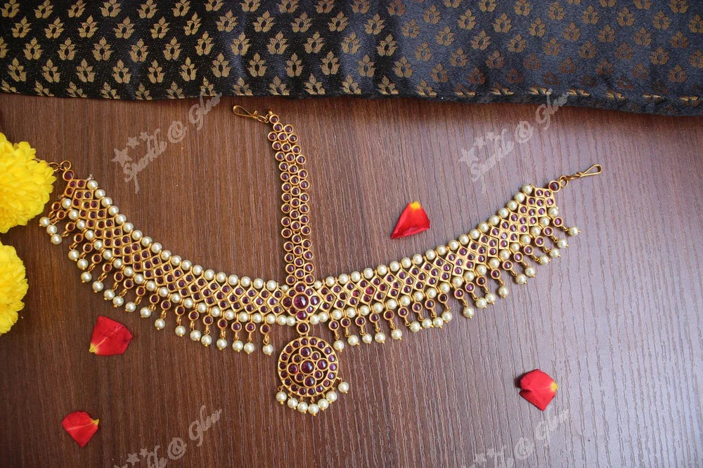 Bridal three sided kemp maang tikka with pearl drops - Sparkle and Glow