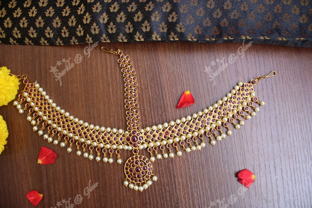 Bridal three sided kemp maang tikka with pearl drops - Sparkle and Glow