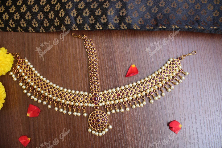 Bridal three sided kemp maang tikka with pearl drops - Sparkle and Glow