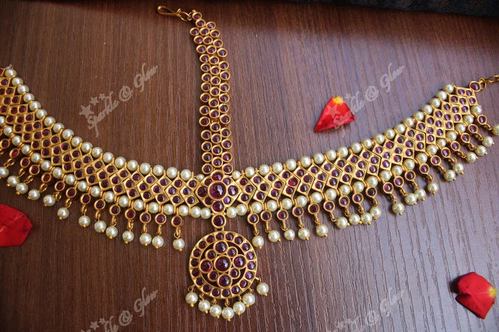 Bridal three sided kemp maang tikka with pearl drops - Sparkle and Glow