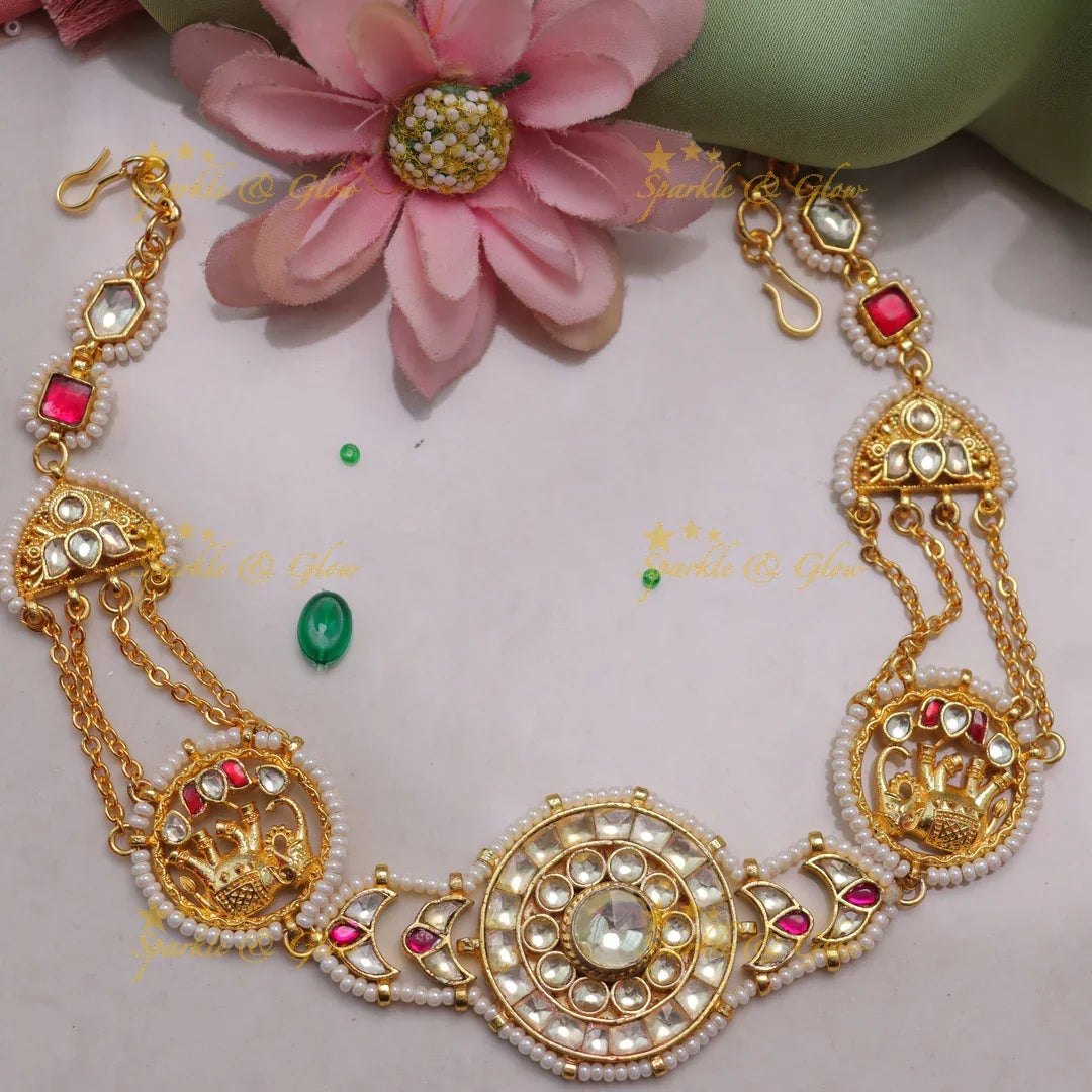 Royal Jadau Kundan Sheeshphool with Ruby Accents and Peacock Motif