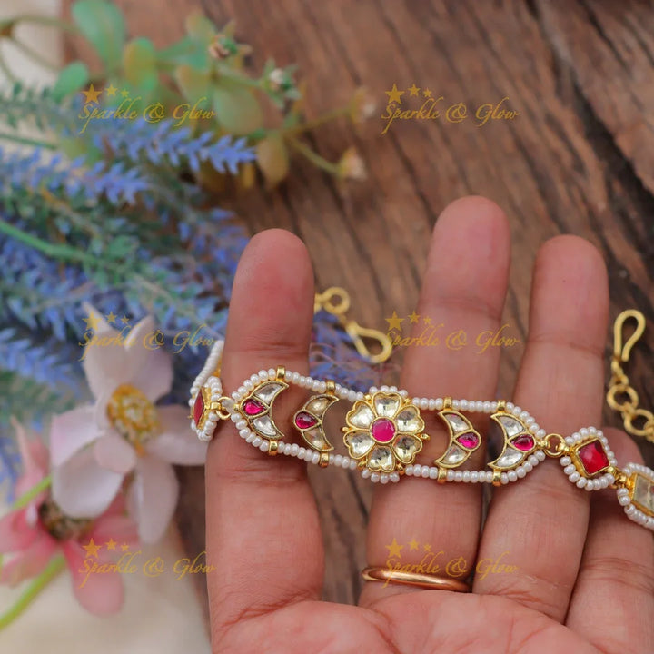 Jadau Kundan Sheeshphool with Red Meenakari & Floral Centerpiece