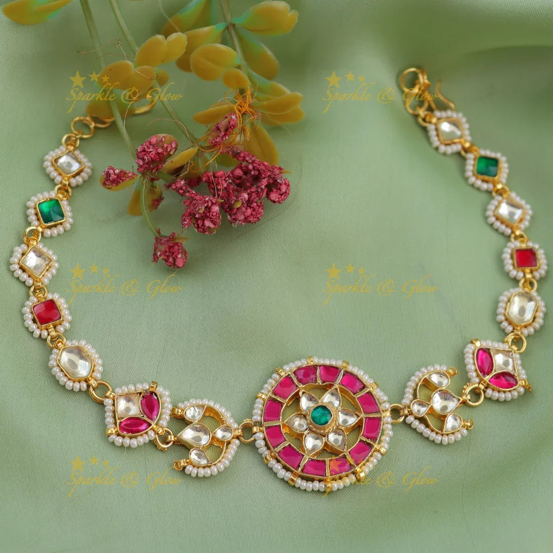 Pink Meenakari Jadau Kundan Sheeshphool with Floral Center