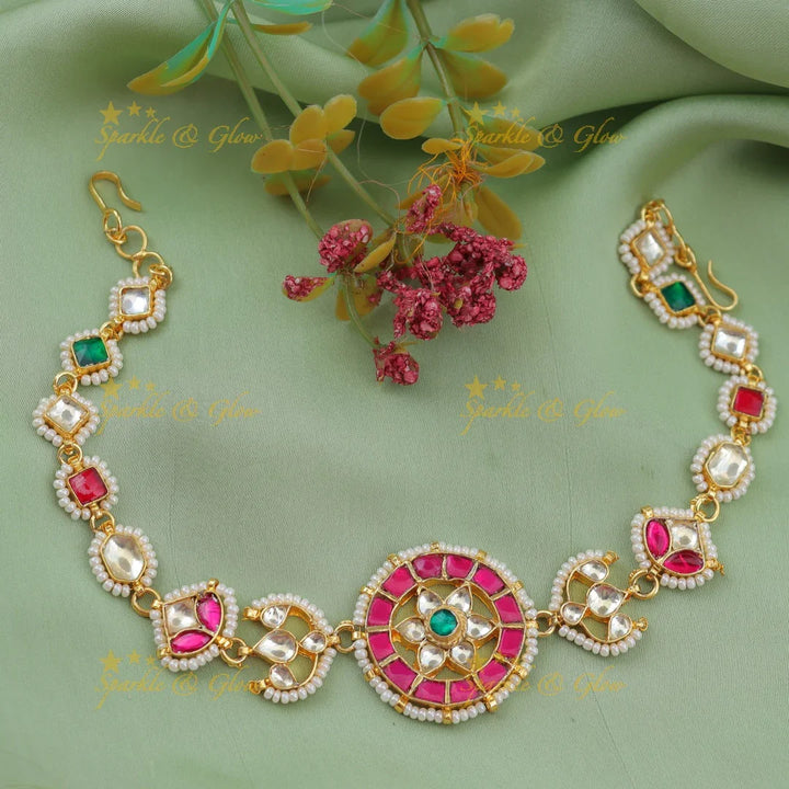 Pink Meenakari Jadau Kundan Sheeshphool with Floral Center