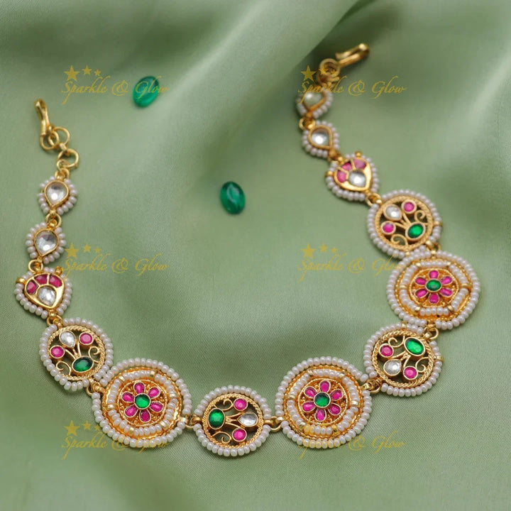Jadau Kundan Sheeshphool with Round Motif Pink & Green Meenakari