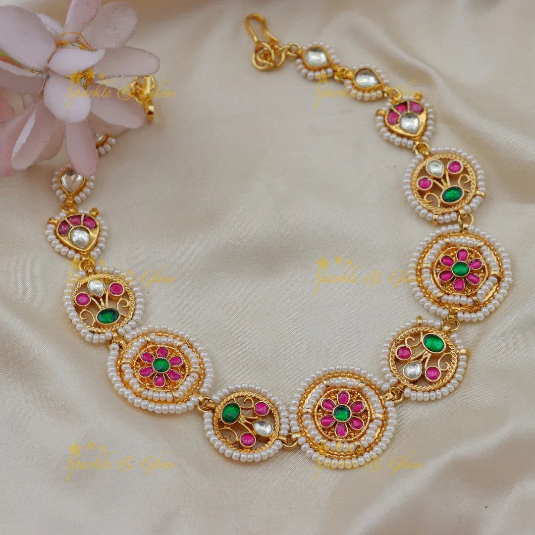 Jadau Kundan Sheeshphool with Round Motif Pink & Green Meenakari