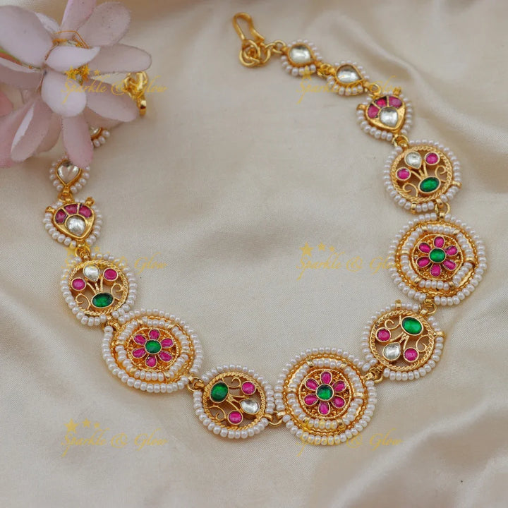Jadau Kundan Sheeshphool with Round Motif Pink & Green Meenakari