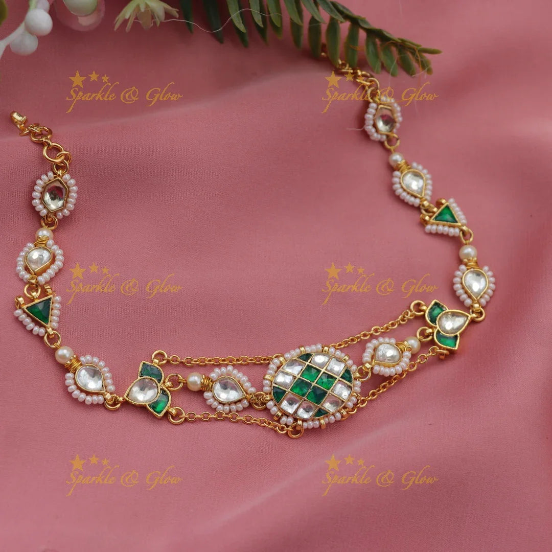 Jadau Kundan Emerald Floral Sheeshphool with Pearl Chains
