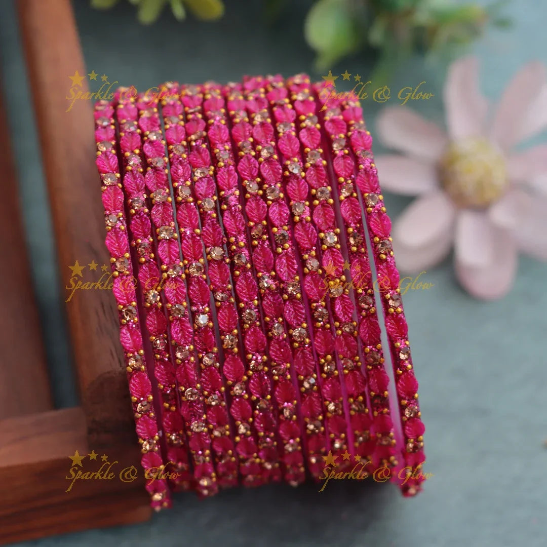 Elegant Leaf-Patterned Stone Glass Bangles Set - Sparkle and Glow