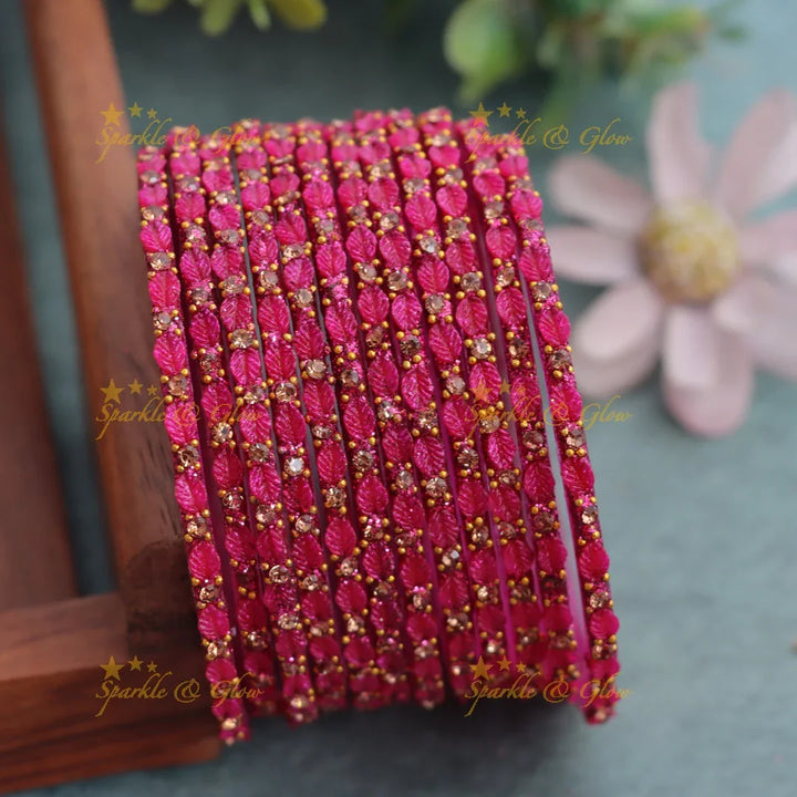 Elegant Leaf-Patterned Stone Glass Bangles Set - Sparkle and Glow