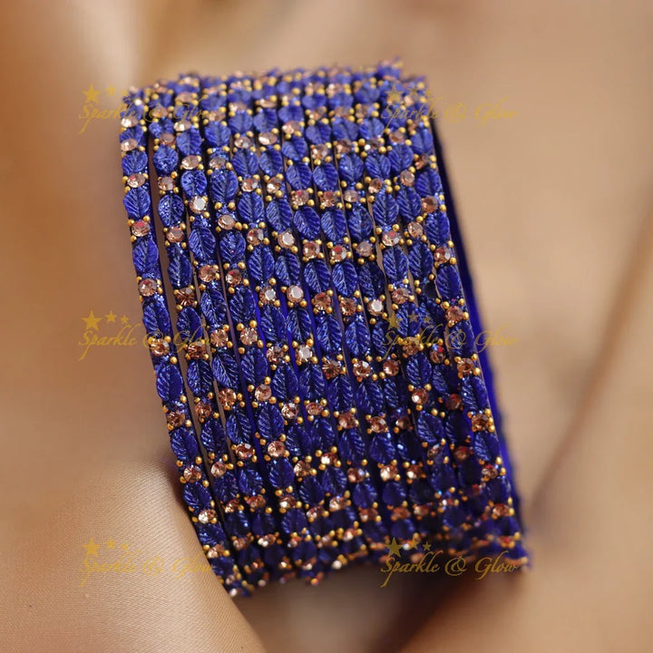 Elegant Leaf-Patterned Stone Glass Bangles Set - Sparkle and Glow