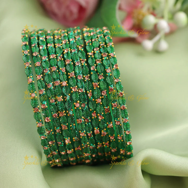 Elegant Leaf-Patterned Stone Glass Bangles Set - Sparkle and Glow