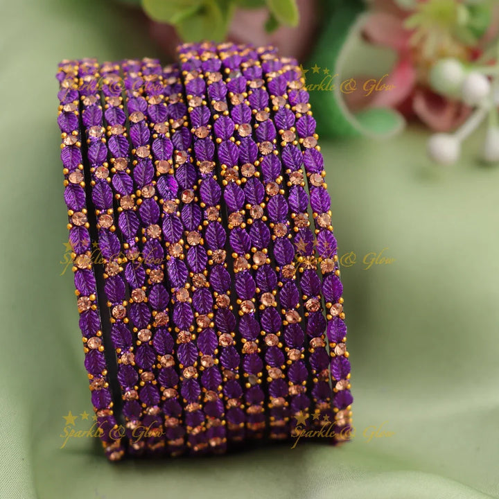 Elegant Leaf-Patterned Stone Glass Bangles Set - Sparkle and Glow