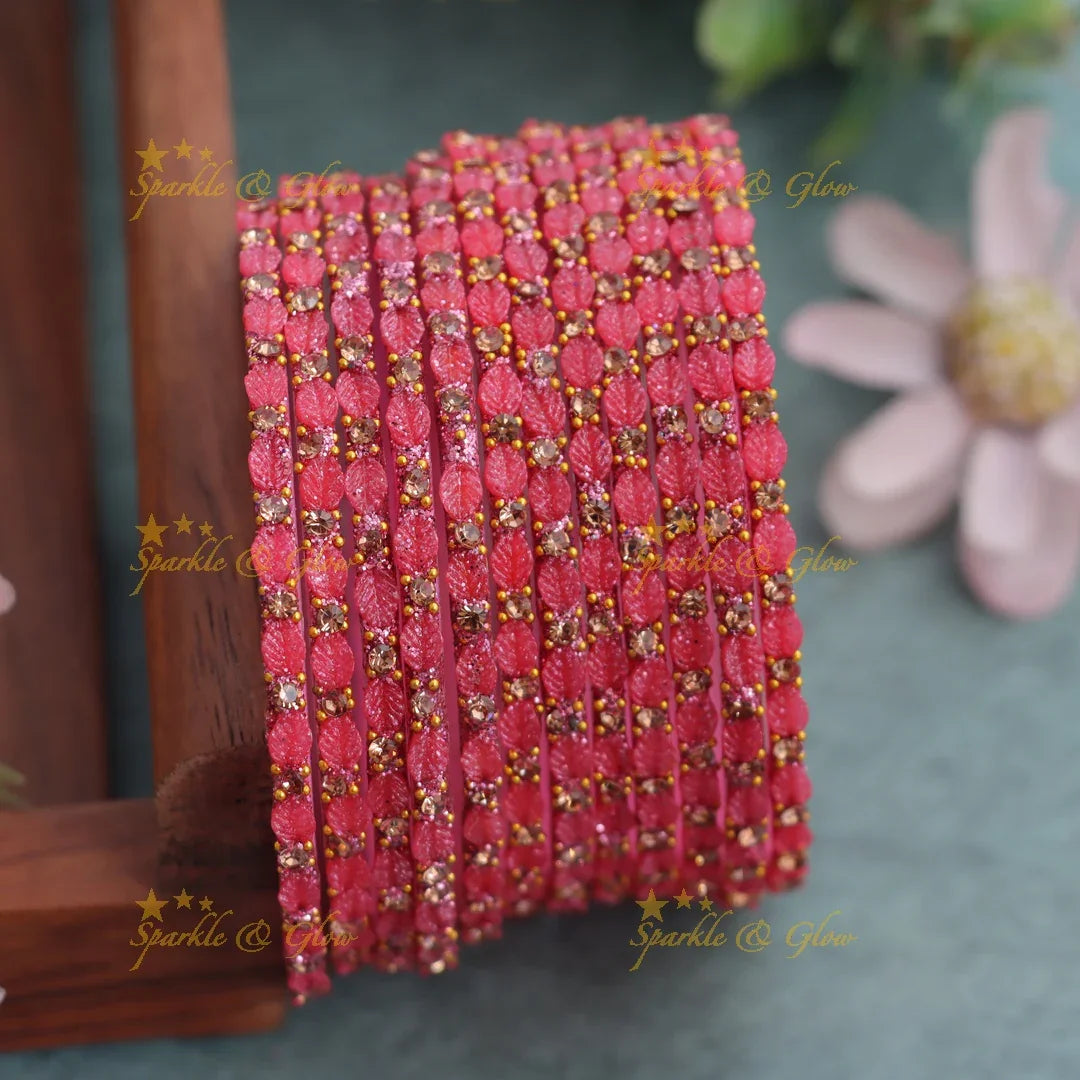 Elegant Leaf-Patterned Stone Glass Bangles Set - Sparkle and Glow