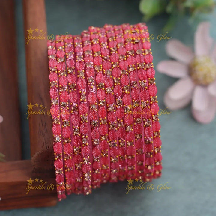 Elegant Leaf-Patterned Stone Glass Bangles Set - Sparkle and Glow