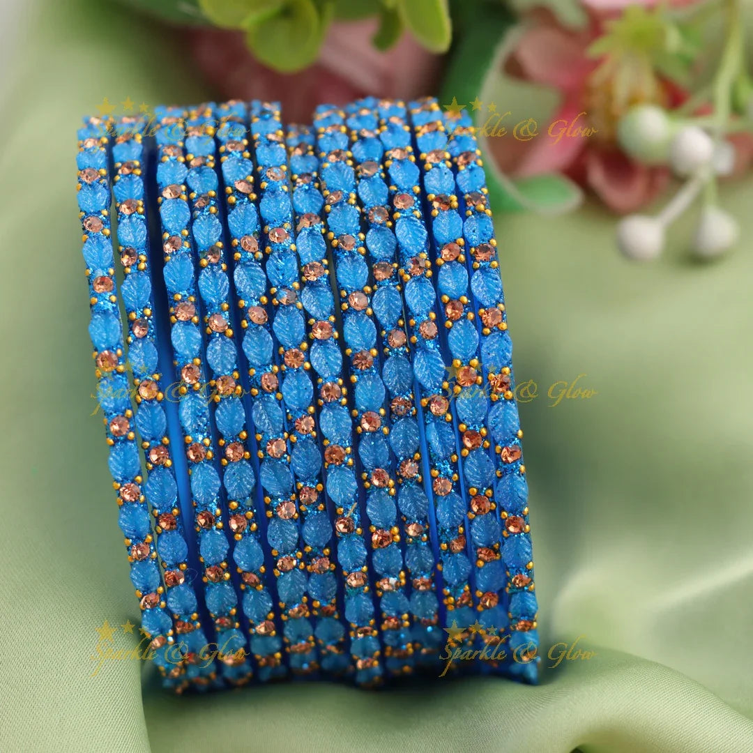 Elegant Leaf-Patterned Stone Glass Bangles Set - Sparkle and Glow