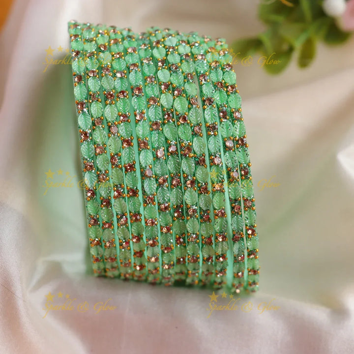 Elegant Leaf-Patterned Stone Glass Bangles Set - Sparkle and Glow