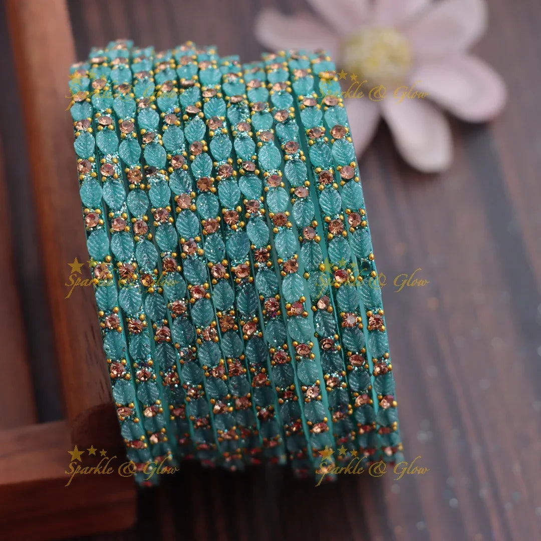 Elegant Leaf-Patterned Stone Glass Bangles Set - Sparkle and Glow