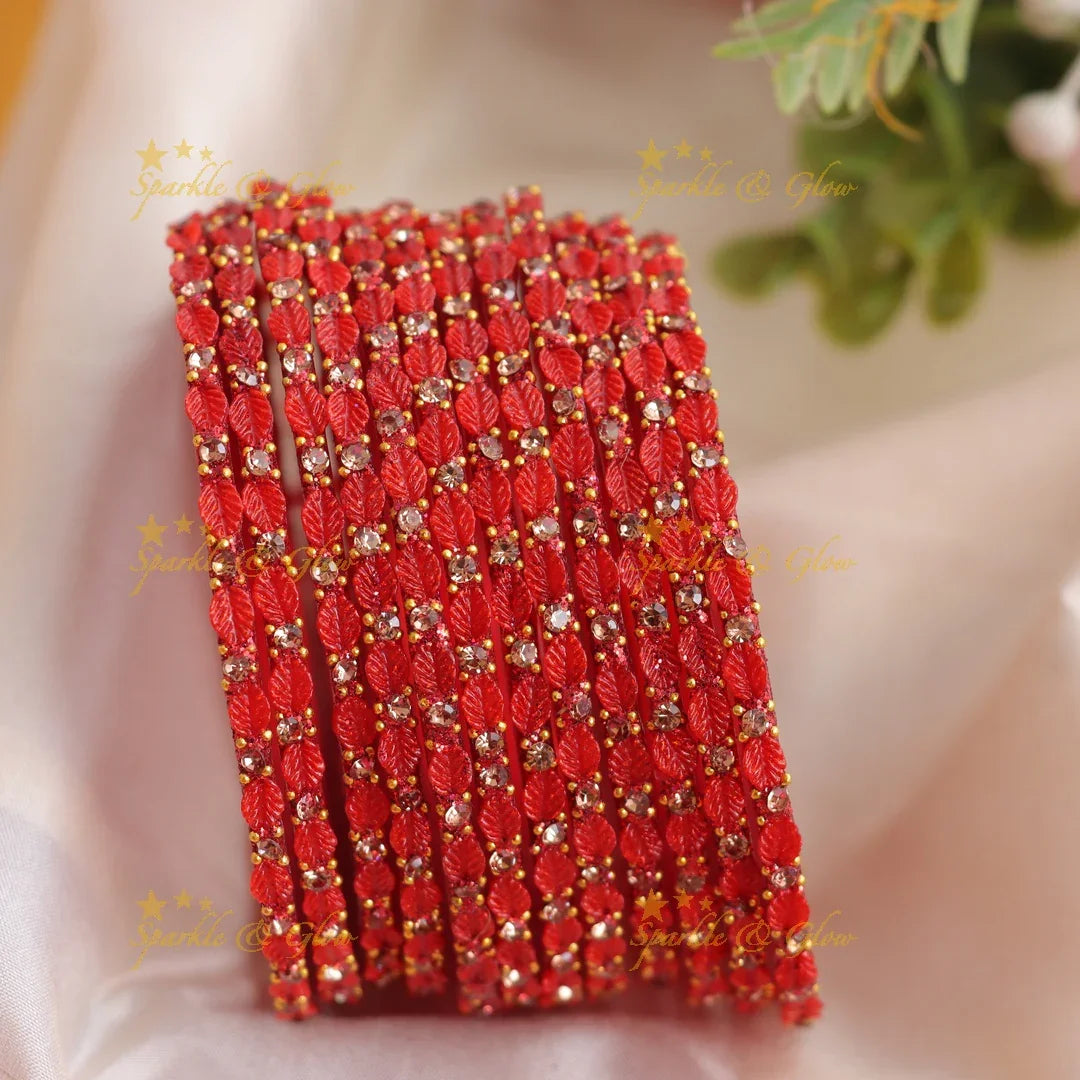 Elegant Leaf-Patterned Stone Glass Bangles Set - Sparkle and Glow