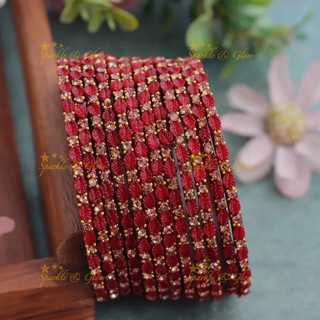 Elegant Leaf-Patterned Stone Glass Bangles Set - Sparkle and Glow