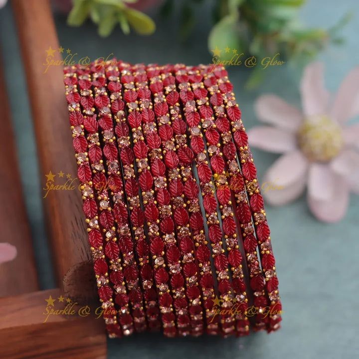 Elegant Leaf-Patterned Stone Glass Bangles Set - Sparkle and Glow