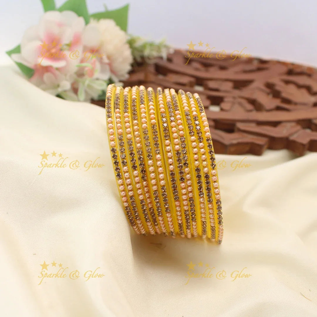 Elegant Glass Bangles with Pearl & Stone Embellishments – Set of 12