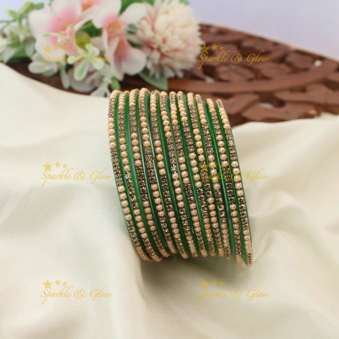Elegant Glass Bangles with Pearl & Stone Embellishments – Set of 12