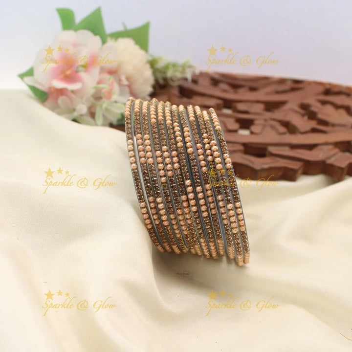 Elegant Glass Bangles with Pearl & Stone Embellishments – Set of 12