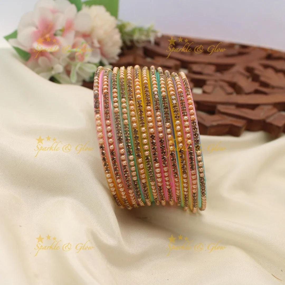 Elegant Glass Bangles with Pearl & Stone Embellishments – Set of 12