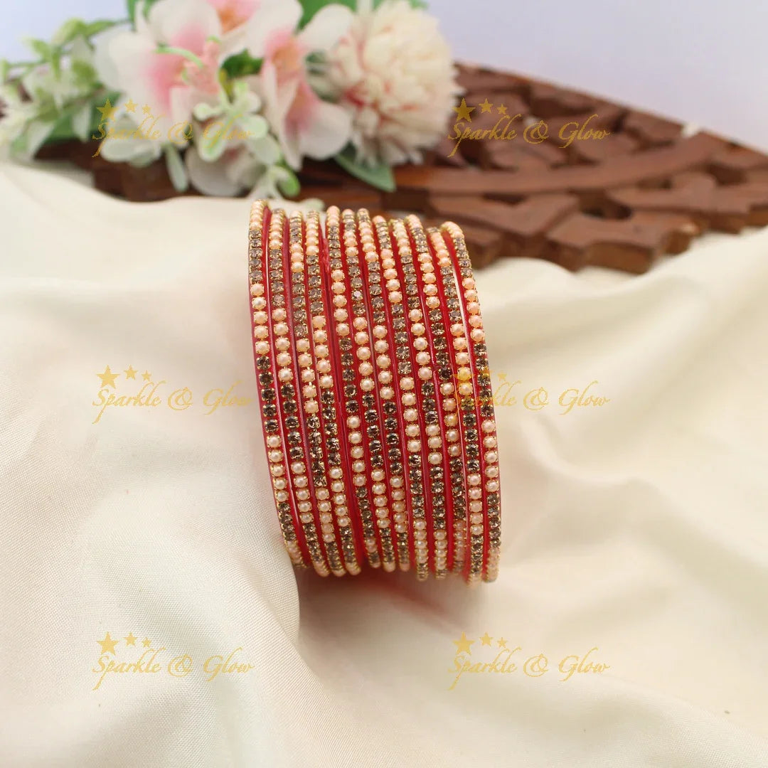 Elegant Glass Bangles with Pearl & Stone Embellishments – Set of 12
