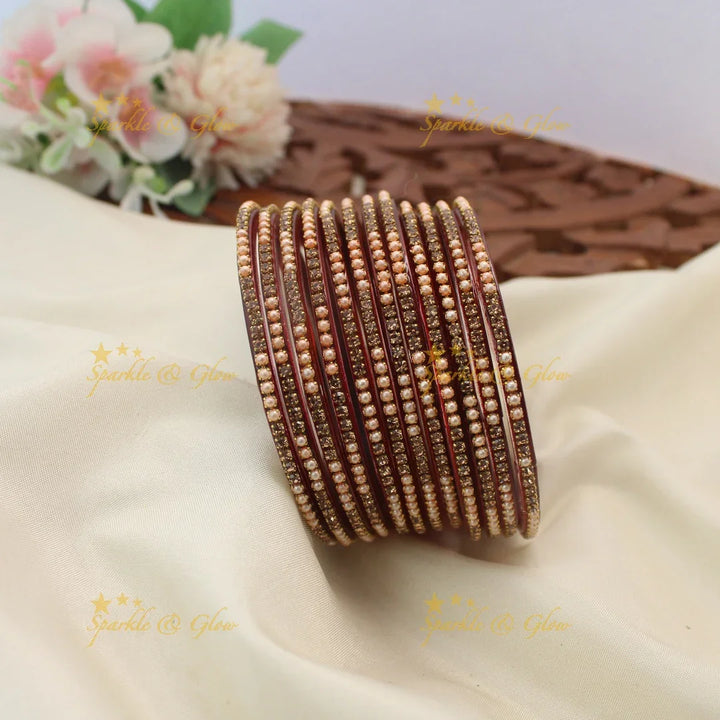 Elegant Glass Bangles with Pearl & Stone Embellishments – Set of 12