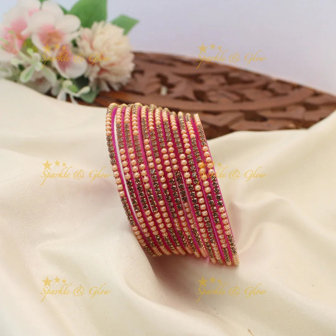 Elegant Glass Bangles with Pearl & Stone Embellishments – Set of 12
