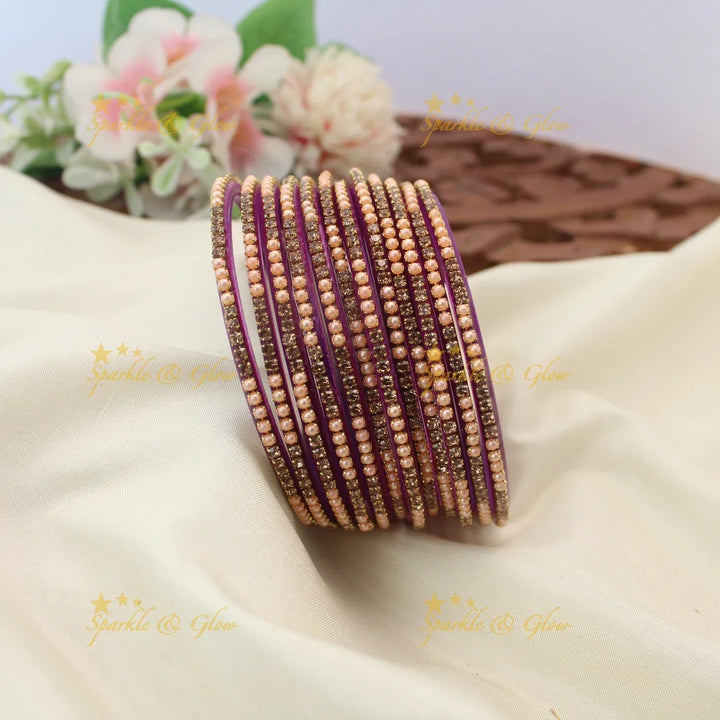 Elegant Glass Bangles with Pearl & Stone Embellishments – Set of 12
