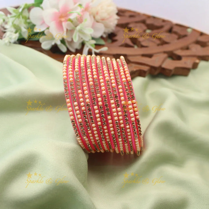 Elegant Glass Bangles with Pearl & Stone Embellishments – Set of 12