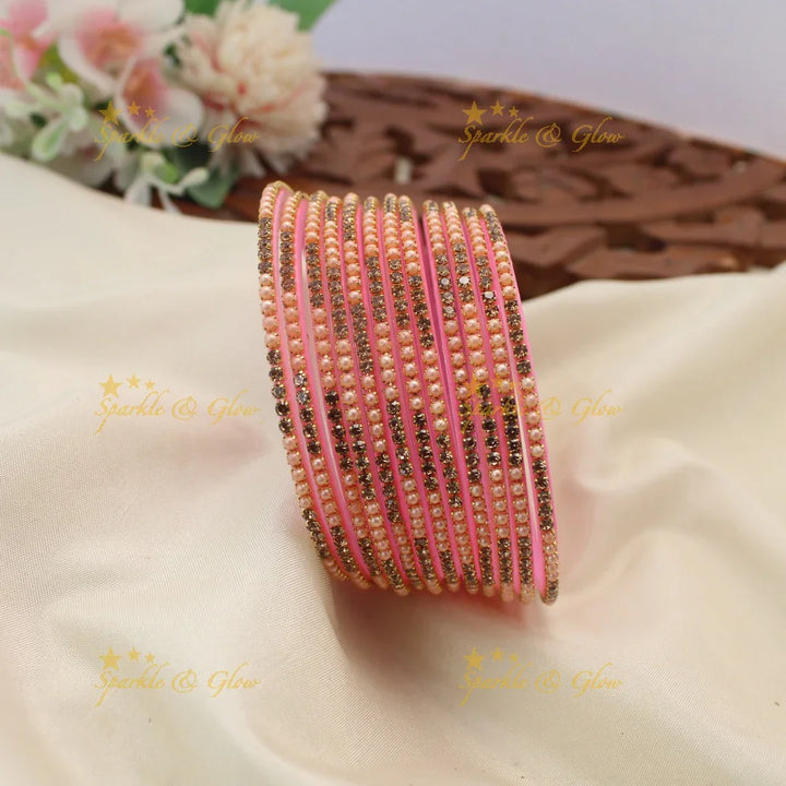 Elegant Glass Bangles with Pearl & Stone Embellishments – Set of 12