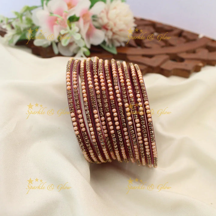 Elegant Glass Bangles with Pearl & Stone Embellishments – Set of 12
