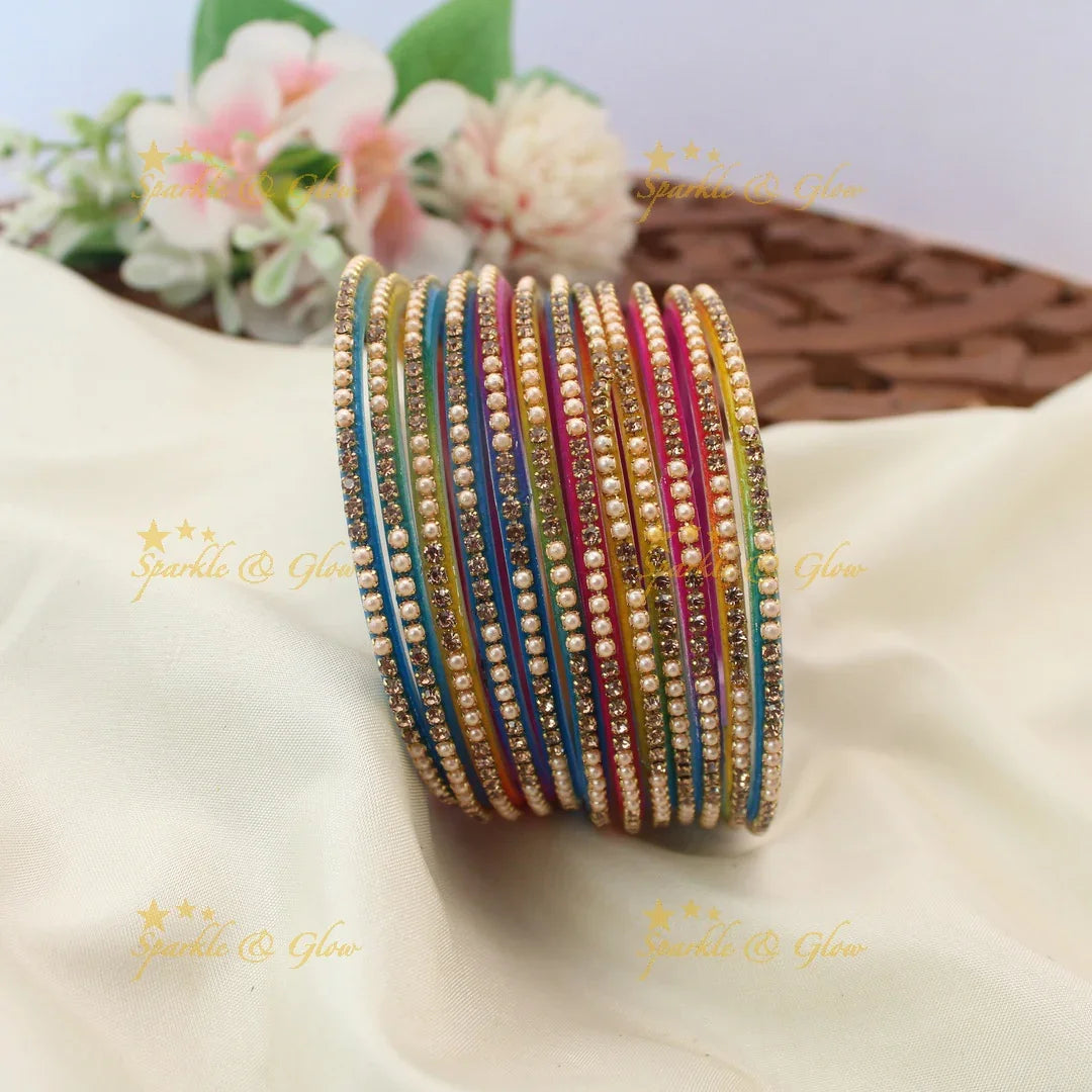 Elegant Glass Bangles with Pearl & Stone Embellishments – Set of 12