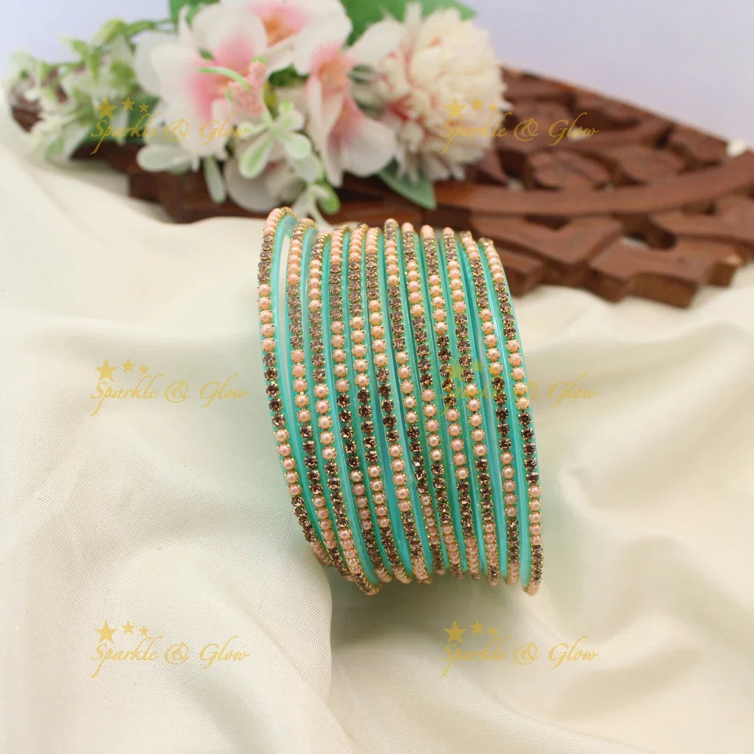 Elegant Glass Bangles with Pearl & Stone Embellishments – Set of 12