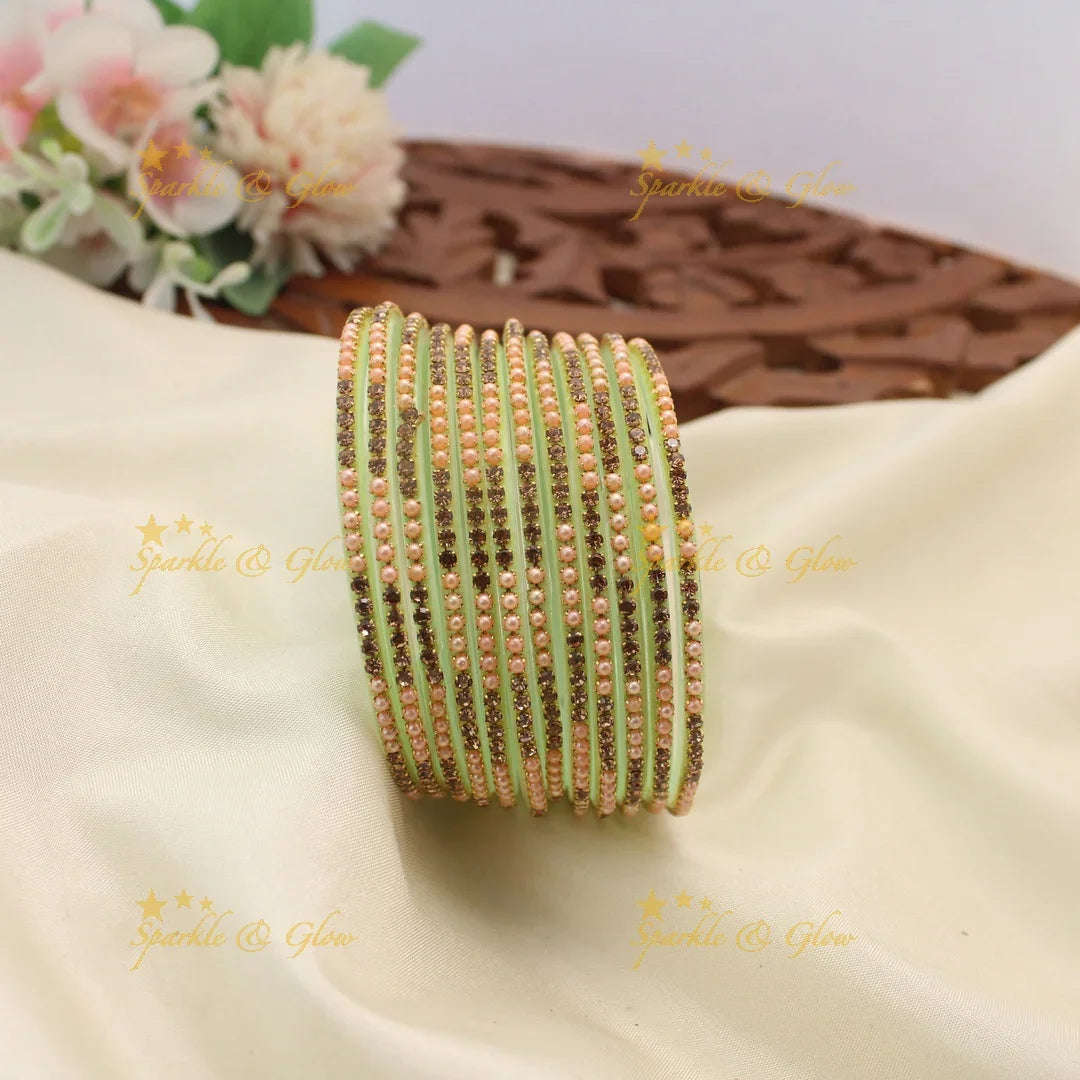 Elegant Glass Bangles with Pearl & Stone Embellishments – Set of 12
