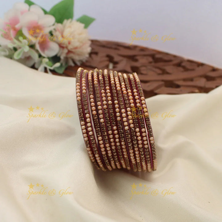 Elegant Glass Bangles with Pearl & Stone Embellishments – Set of 12