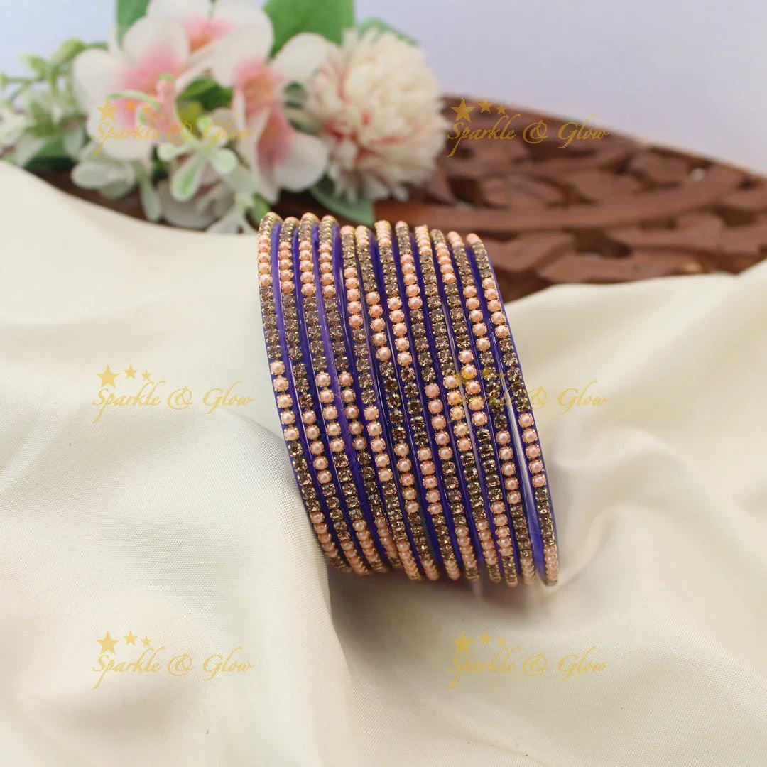 Elegant Glass Bangles with Pearl & Stone Embellishments – Set of 12