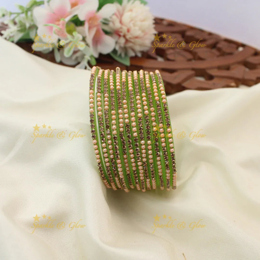 Elegant Glass Bangles with Pearl & Stone Embellishments – Set of 12