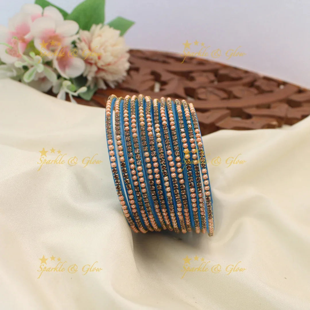 Elegant Glass Bangles with Pearl & Stone Embellishments – Set of 12