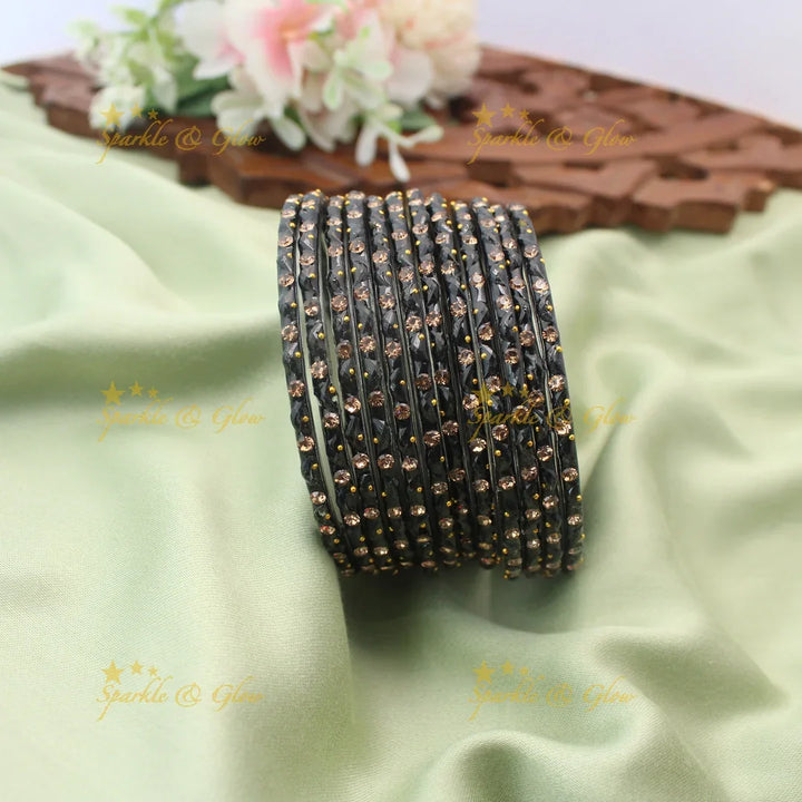 Adorable Glass Bangles with Golden Stone Accents – Set of 12