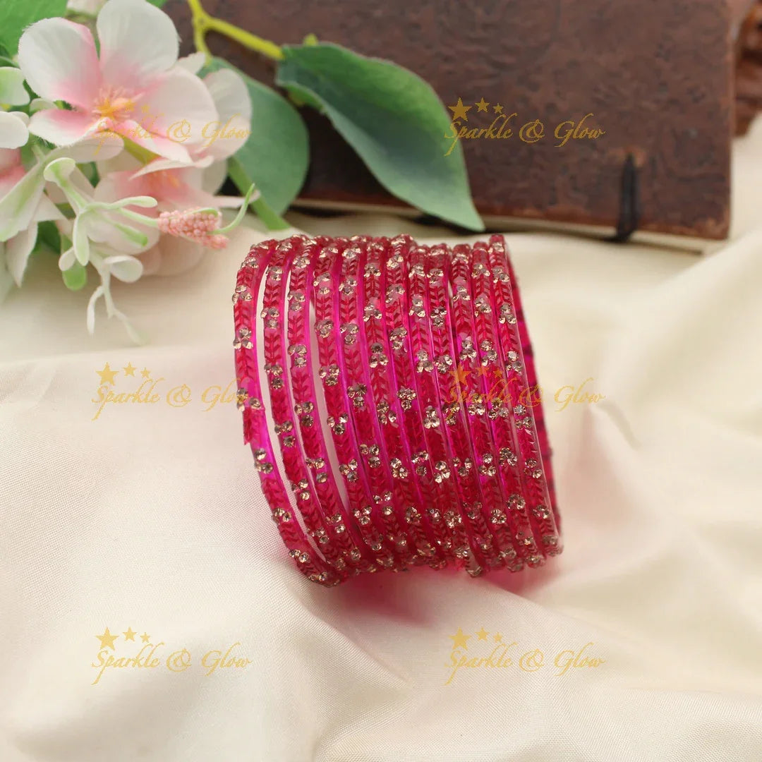 Stunning Glass Bangles with Stone Embellishments – Set of 12