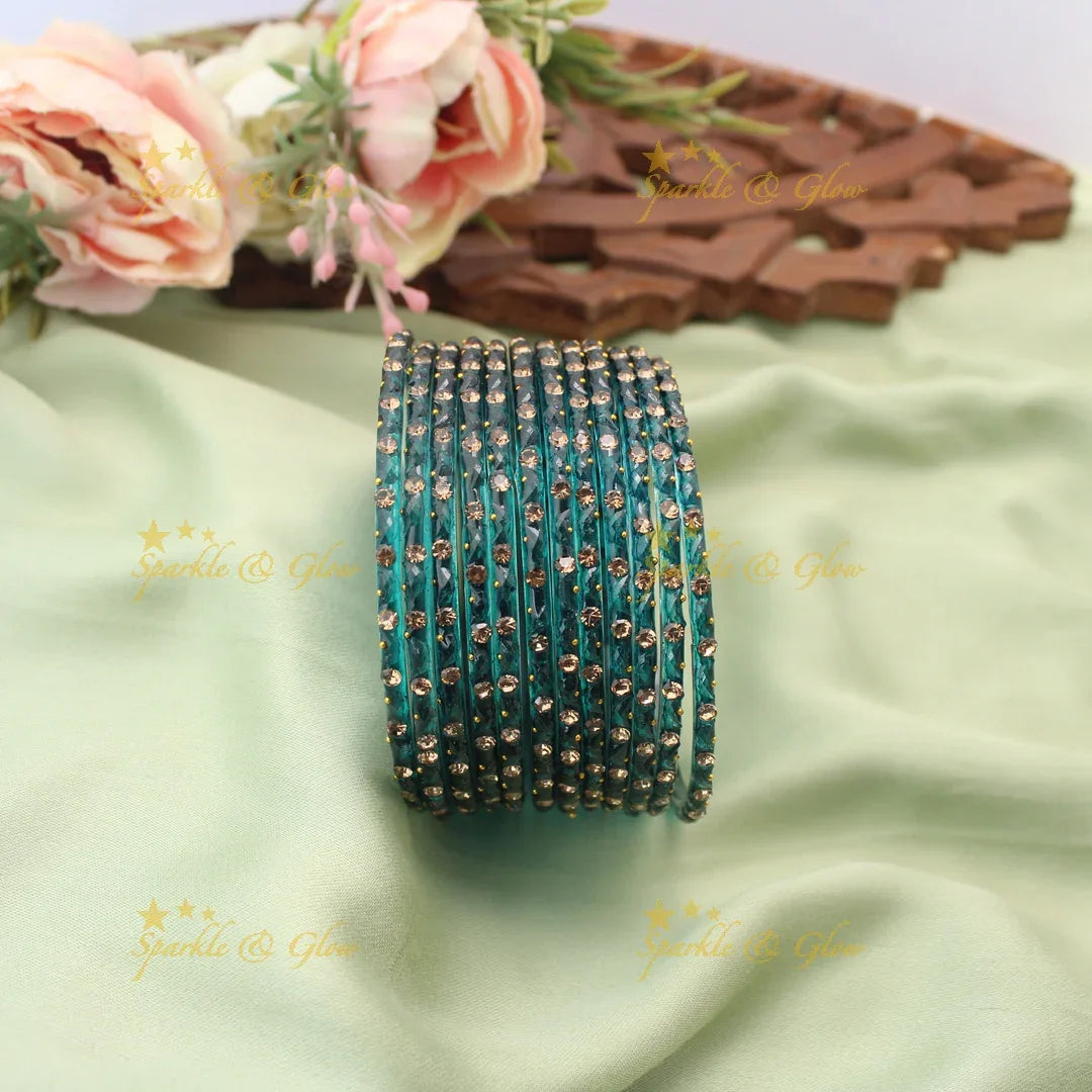 Adorable Glass Bangles with Golden Stone Accents – Set of 12