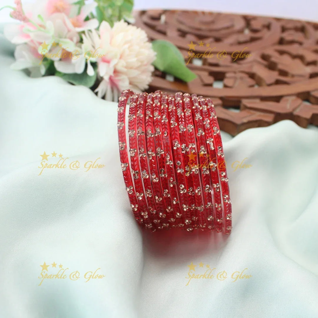 Stunning Glass Bangles with Stone Embellishments – Set of 12