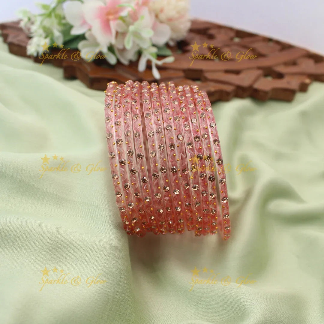 Adorable Glass Bangles with Golden Stone Accents – Set of 12