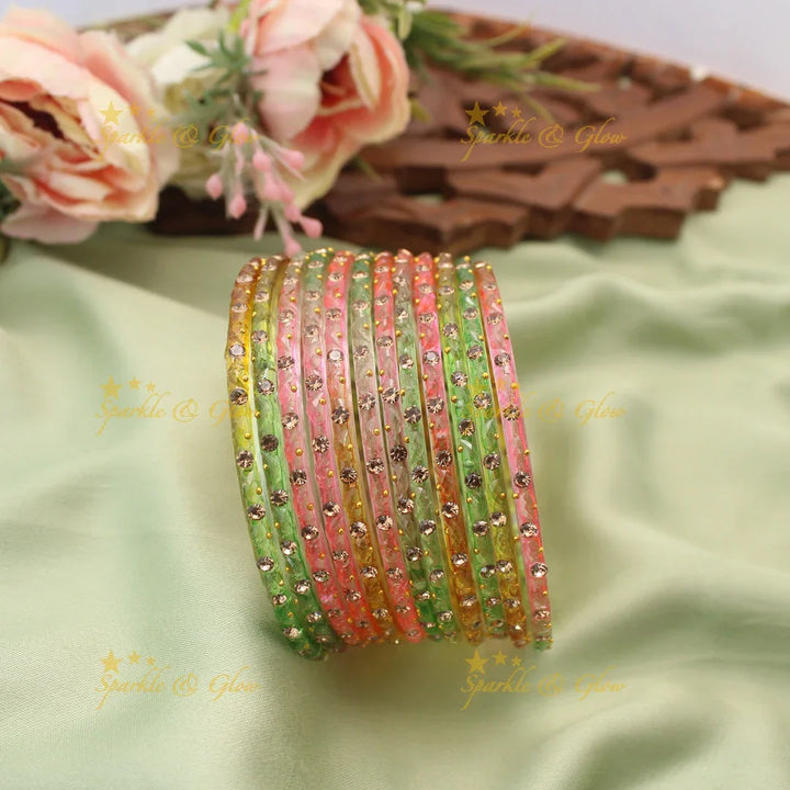 Adorable Glass Bangles with Golden Stone Accents – Set of 12